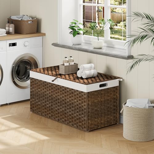 HOOBRO Storage Basket with Lid, 52.8 Gallon (200L) Wicker Basket, Handwoven Blanket Storage Basket with Handles, Metal Frame and Soft Lining, Foldable for Bedroom, Laundry Room, Brown BR220CW01 - color: Brown, size: 39.4"L x 15.7"W x 19.7"H