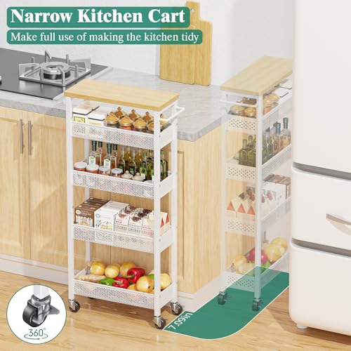 Giwil Slim Storage Cart 5 Tier Narrow Kitchen Rolling Cart on Wheels for Small Space, Metal Utility Cart Narrow Bathroom Storage Cabinet Mobile Shelf Unit Organizer with Wood Top and Handle, White - color: White, size: 5 Tier (W-7.1IN)