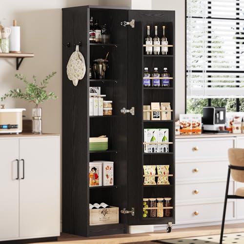 IRONCK Narrow Kitchen Pantry Storage Cabinet, 72" Slim Single Door with 6 Adjustable Shelves, Door Rack and Wheels, Space Saving Freestanding Storage Floor Cabinet for Small Place, Black