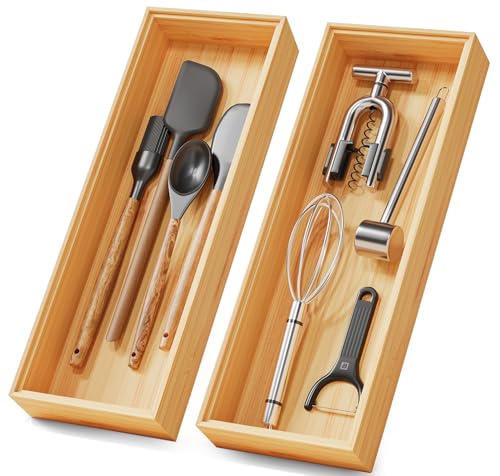 Bamboo Kitchen Drawer Organizer Boxes – 14" x 5" Stackable Wood Silverware Utensil Tray for Drawers Bins Cutlery & Flatware Storage – Wooden Pantry Organizers Set of 2 for Junk Drawer Bathroom Rv - size: 14" x 5" x 2"