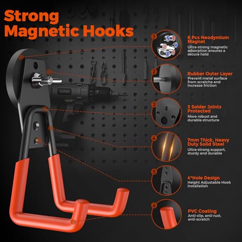 8Pcs Large Strong Magnetic Hooks Heavy Duty Garage Big Magnet Hooks Extra Strength Magnetic Utility Storage Hook Hanger with Anti Slip Coating for Garden Indoor Outdoor Hanging Tools Orange - color: 8 Pcs-Orange