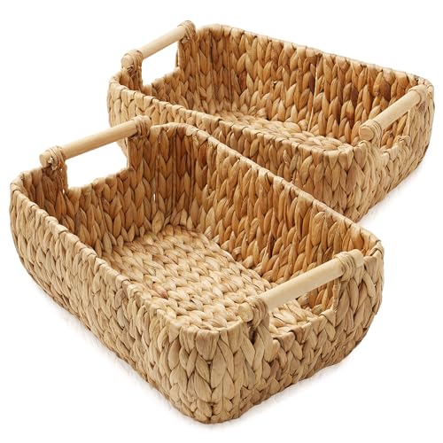 Casafield Set of 2 Water Hyacinth Oval Storage Baskets with Wooden Handles - Medium, Woven Bin Organizers - color: Natural - Hyacinth, size: Set of 2 - Medium