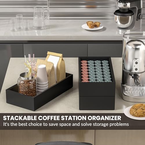 Kitchen Drawer Organizer Bins, Stackable Bamboo Drawer Organizer for Silverware, Coffee Pod Organizer K Cup Holder for Countertop, 2 Pcs Coffee Station Organizer Black 12" x 6" x 2.5" - color: Black, size: 12 x 6 x 2.5 Inch