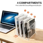 Acrylic Magazine File Holder, 4 Vertical Compartments Desk Document Sorter Organizer, Clear Bookend File Sorter Holder for Office, Documents, Tablets, Magazines, Books - size: B5 File Rack (4 slots)