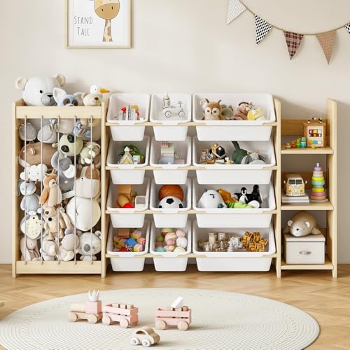 EXPERLAM 3-in-1 Toy Storage Organizer, Stuffed Animal Holder & 3-Tier Bookcase, Solid Wood Toy Organizer with 12 Storage Bins, Space-Saving Toy & Book Shelf for Kids Rooms, Bedroom, Playroom, White - color: White