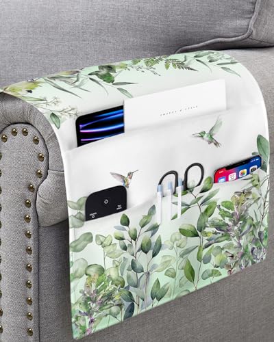 Sofa Armrest Organizer Bedside Caddy, Green Botanical Non Slip Couch Remote Control Holder for Recliner, Watercolor Green Eucalyptus Leaves Birds Arm Chair Caddy with Pocket, 13"x35" - size: 13x35 in