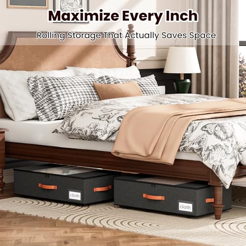 2-Pack Under Bed Storage Bins with Wheels and 6 Vacuum Seal Bags, Heavy Duty 80lbs Capacity, 65L Clear Lid Organizer for Dorm Bedroom Clothes Shoes Toys, Quick Assembly Space Saver (Black, 7.9'' PLUS) - color: Black, size: 7.9 inches PLUS