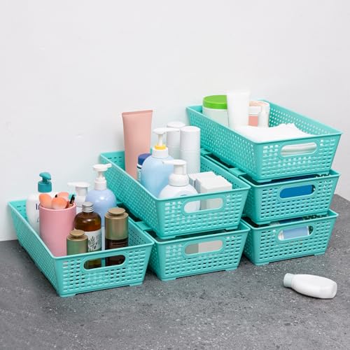 Tiawudi Stackable Woven Plastic Basket, Storage Bins for Cabinet, Closet, Shelf, Under Sink and Countertop, Pantry Organizer Bins, 6 Pack - color: Mint