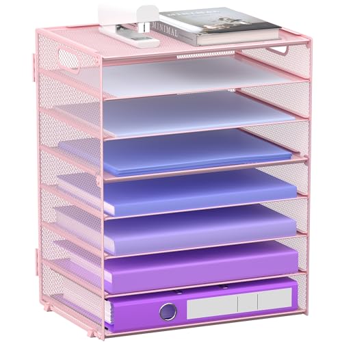 8 Tier Paper Letter Tray Organizer with Handles, Mesh Desk File Holder Storage Organization for Home School Classroom & Office (Pink) - color: Pink