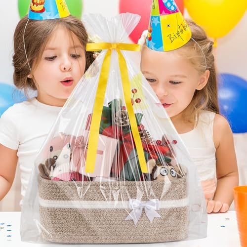 OIAHOMY Large Woven Storage Basket with Handles for Nursery Living Room Shelves, Bow Basket for Gifts Empty with Gift Bags and Ribbons for Baby Showers Pet Toy Bin - Brown & White - color: Brown & White