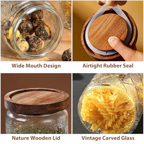 2-Pack 24 OZ Vintage Glass Jar with Lid, Airtight Food Storage Canisters with Bamboo for Kitchen Counter Pantry, Ideal for Coffee, Candy, Tea, Oats, Sugar, Cookies Decorative Jars - color: 24oz-Sunflower+Begonia