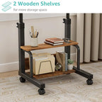 WINAZ C Shaped Rolling Laptop Desk - 24" Rustic Brown Mobile Kids Desk with Wheels for Small Spaces, Height Adjustable Overbed Table with 2-Tier Storage Shelves - color: Rustic Brown