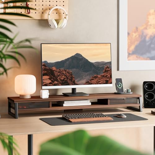 Fenge Dual Monitor Stand, Monitor Riser with Drawer, 42.5 Inch Large Computer Monitor Stand for 2 Monitors, 2 Tier Wooden Desk Shelf for Top of Desk - color: Brown