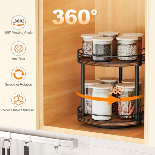 Snughome Rotating Spice Rack, 2 Tier Lazy Susan Organizer, Wood Kitchen Countertop Organizer, Brown Lazy Susan Turntable for Cabinet, 10.2" x 10.2" x 10.4" - color: Rustic Brown, size: 10.2" x 10.2" x 10.4"