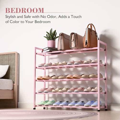 Bumusty 5-Tier Expandable Shoe Rack for Closet, 18“-33” Adjustable Shoe Rack for Small Space, Small Shoe Organizer for Front Door, Sturdy Metal (Pink) - color: Pink, size: 5-Tier