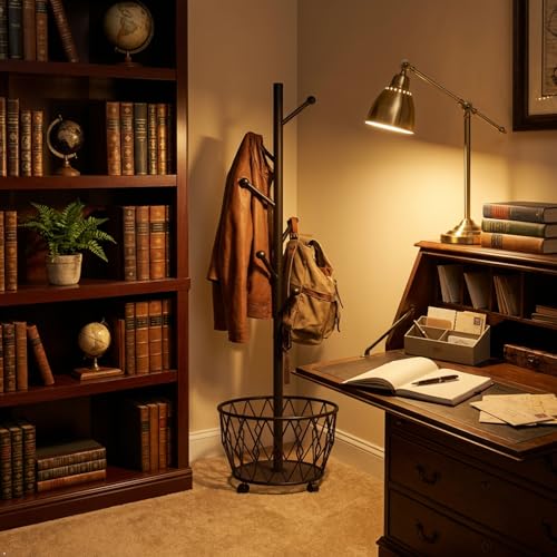 Freestanding Metal Coat Rack Stand with Basket Modern Organizer for Scarf Jacket Hat Bags Ideal for Home Entryway Bedroom Corner Stable and Moveable tree (black) - color: black