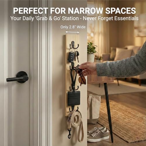 Vertical Key Holder for Wall & Dog Leash Holder – Solid Wood Wall Mount Key Rack with 8 Hooks – Small Space Saving Entryway Organizer for Keys, Lanyards, Masks (Adhesive or Screws)(Natural) - color: wood
