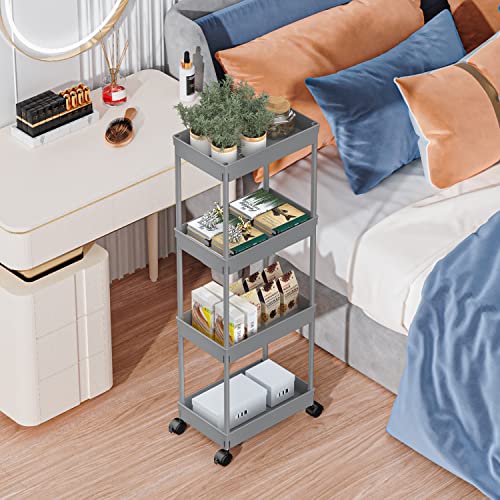 Sooyee 4 Tier Wide Storage Cart Mobile Shelving Unit Organizer Slide Out Storage Rolling Utility Cart Tower Rack for Kitchen Bathroom Laundry, Plastic & Stainless Steel,Grey - color: Gray, size: Wide