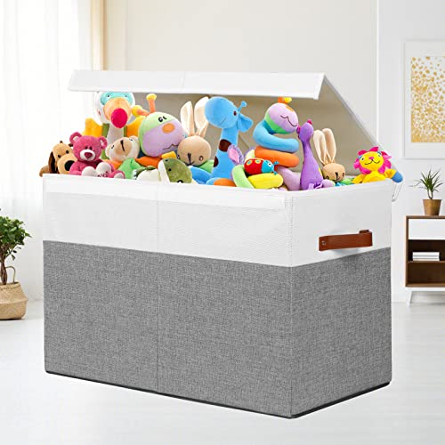 Gowee Large Toy Storage Box with Lid, Sturdy Toys Storage Chest Bin Organizer Basket with Dividers for Kids, Boys, Girls, Nursery, Closet, Bedroom, Playroom 25"x13" x16" (Grey and White) - color: Grey and White, size: 25"x13" x16"