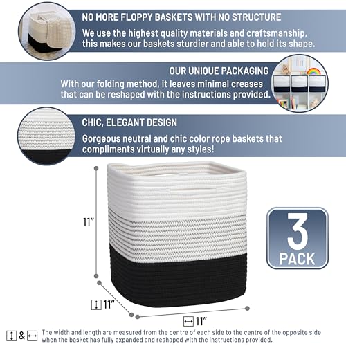 NaturalCozy Storage Cubes 11 Inch Cotton Rope Woven Baskets for Organizing, 3-Pack | Cube Storage Bin | Square Storage Baskets for Shelves Organizer, Classroom, Kids Toy Bins, Closet, Baby Nursery - color: 3-Tone Black