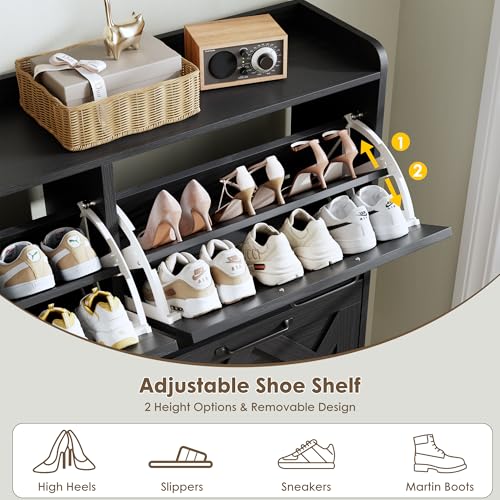 Nicetree Shoe Cabinet with 4 Flip Drawers, Hidden Shoe Rack Cabinet with Metal Legs, Farmhouse Narrow Shoe Storage Cabinet for Entryway, Foyer, Hallway, Black with Hook - color: Black, style: 4-Drawers