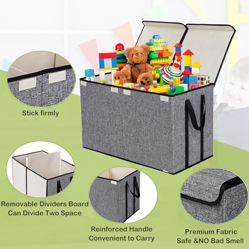 YOLOXO Large Kids Toy Box Chest Storage organizer with Double Flip-Top Lid - Collapsible Sturdy Toy Organizers And Storage Bins With Big Handles For Nursery, Playroom, 26.8"x13.8"x16"(Grey) - color: Dark Grey