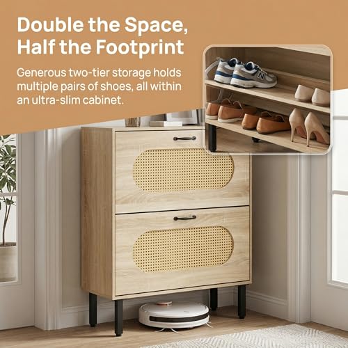 SUNCROWN 2 Flip Drawers Shoe Storage Cabinet, Freestanding Narrow Entryway Organizer, Natural Semi-Circular Rattan Doors, Adjustable Shelves & Anti-Tip Kit, Brown - color: Brown, size: Style A