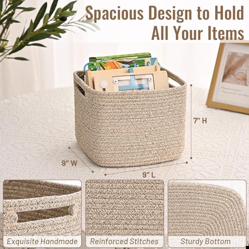3 Pack Cube Storage Bin, 9”x9”x7” Cotton Rope Woven Baskets for Organizing Toys Clothes Towels, Square Gift Storage Baskets for Shelves, Nursery, Closet, Bathroom, Pantry (Jute) - color: Jute, size: 9" x 9" x 7"