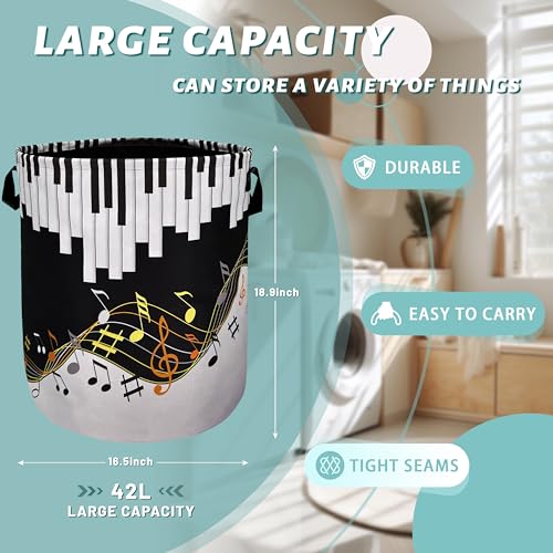Piano Keyboard Laundry Basket Foldable With Handles Music Notes Tote Bag Oxford Cloth Colorful Laundry Hamper Clothes Storage Bucket Toy Organizer For Bathroom/Laundry/Bedroom 18.9"x16.5 " - color: Piano Keyboard With Music Notes