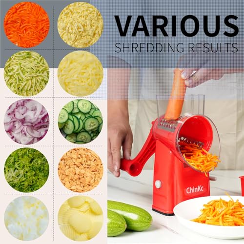 Upgrade Rotary Cheese Grater Shredder with Handle, Strong Suction Base, Multi-purpose Rotary Grater Slicer with 5 Interchangeable Blades for Ice, Vegetables, Fruit, Nuts with Blade Storage Box - color: Red