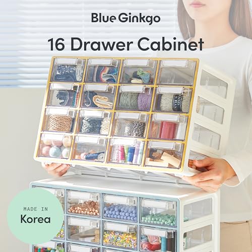 Blue Ginkgo Medium 16-Drawer Cabinet – Stackable Clear Organizer for Hardware, Beads, Plastic Bricks, Office, and Craft Storage (Made in Korea, Yellow) - color: YELLOW, size: 16 Drawer
