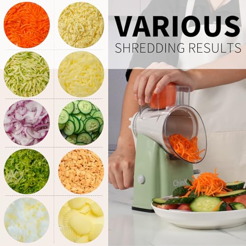Upgrade Rotary Cheese Grater Shredder with Handle, Strong Suction Base, Multi-purpose Rotary Grater Slicer with 5 Interchangeable Blades for Ice, Vegetables, Fruit, Nuts with Blade Storage Box - color: White+Green