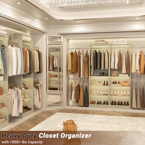 Homieasy Closet System, 4.5-11.5 Ft Expandable Closet Organizer with 5 Hanging Rods, Walk-in Wood Closet Organizer System with Storage Tower, Heavy Duty Garment Rack Wardrobe for Bedroom, Light Oak - color: Light Oak
