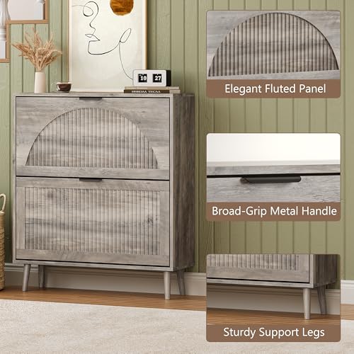 BORNOON Shoe Cabinet for Entryway with 2 Flip Drawers, Slim Wooden Shoe Storage Organizer with Modern Fluted Pannel，Freestanding Narrow Hidden Shoe Rack for Hallway, Foyer, Living Room - color: Grey, size: 2 Flip Drawers