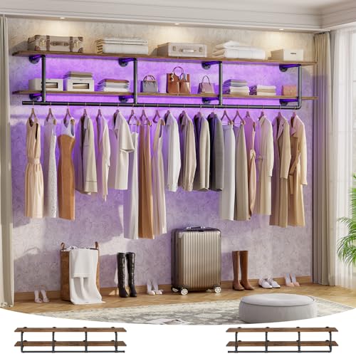 Aheaplus Industrial Pipe Clothes Rack with Top Shelf, 73In Space-Saving Wall Mounted Clothing Rack, 2 Tiers Heavy Duty Pipe Clothing Shelves with Hanging Rod for Laundry Room, Closet, Rustic Brown - color: Rustic Brown, size: 73IN