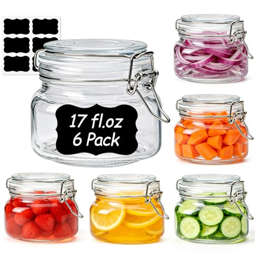 ComSaf Set of 6 Square Glass Jars with Airtight Wire Clamp Lids (17 Oz), Wide Mouth Pantry Canisters for Overnight Oats, Jam, Pickling, Spice Storage, Gifts - size: 17oz*6