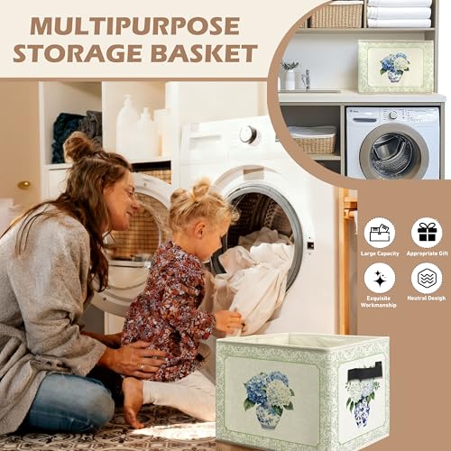 Chinoiserie Hydrangea Floral Storage Bin Box with Handles, Blue and White Porcelain Hydrangea Flower Foldable Linen Fabric Laundry Basket for Home Bedroom Bathroom Clothes Toys Books - color: Blue and White