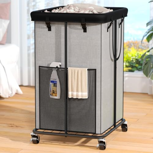 150L Laundry Hamper with Wheels, Rolling Laundry Basket with Metal Frame and Removable Bag, Large & Tall Dirty Clothes Hampers for Bedroom Aesthetic, Laundry Room, Bathroom, Dorm-Grey - color: Grey, size: 40GAL
