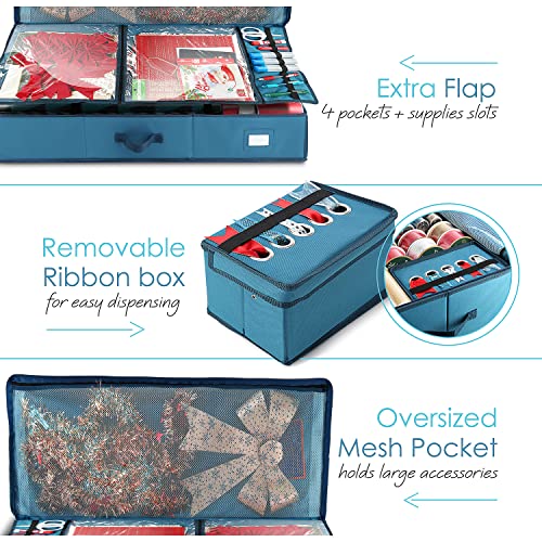 Hearth & Harbor Wrapping Paper Storage Container - Christmas Storage Bag with Ribbon Dispenser and Interior Pockets - Gift Wrap Organizer Fits Up to 26 Rolls of 40" Length, Blue - color: Blue, size: Large