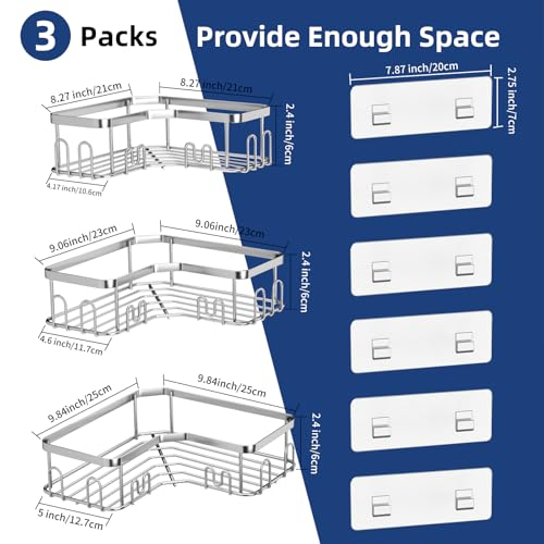 Menbyci 3 Pack Corner Shower Caddy, Adhesive Bathroom Shelves with 18 Hooks, Drill-Free & Quick-Dry Shower Organizer with Large Capacity, Rustproof Stainless Steel Bathroom Corner Storage Rack, Silver - color: Silver, size: 3 packs