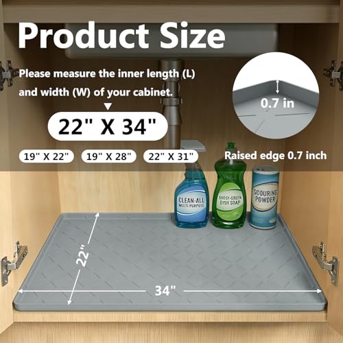 Mateeylife Under Sink Mats for Kitchen Waterproof 34"X22", Undersink Protectors，Silicone Mat Cabinet Liner, Under Sink Organizer for Bathroom and Kitchen，Boot Tray Pet Food Mat, Light Grey - color: Light Grey, size: 22''W x 34''L