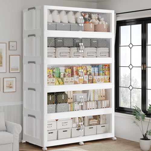 1200QT Extra Large Stackable Storage Bins with Lid & Wheels & Doors, 300Gal Foldable Collapsible Closet Organizers, Plastic Cabinet Box Container Drawer for Home Kitchen Bedroom, 5Pack White - size: 240QT, style: 5Pack