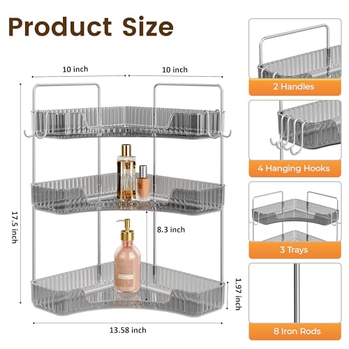 3-Tier Corner Organizer with Hooks, Gray PET Counter Storage | Multi-Purpose for Bathroom Skincare & Kitchen Organization - color: Grey, size: 3 Tier