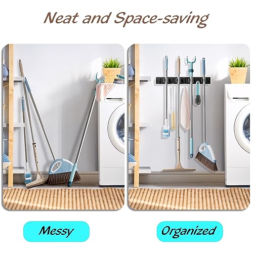 OUTNILI Black Mop Broom Holder Wall Mount with 4 Slots & 4 Hooks - Rustic Wood Broom Mop Hanger for Pantry Closet Laundry Room Organization - Heavy Duty Garden Tool Organizer - Black Kitchen Decor - color: Black-4 Grips, size: 1 Pack