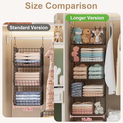 5 Tier Extra Large Closet Hanging Organizer with 5 Dividers,16.5"L x 11.8"W x 51.4"H Closet Organizers and Storage with 5 S Hooks,Clothes Organizer for Sweaters Clutches Handbags Hats Accessories - color: Black, size: 5-Tier