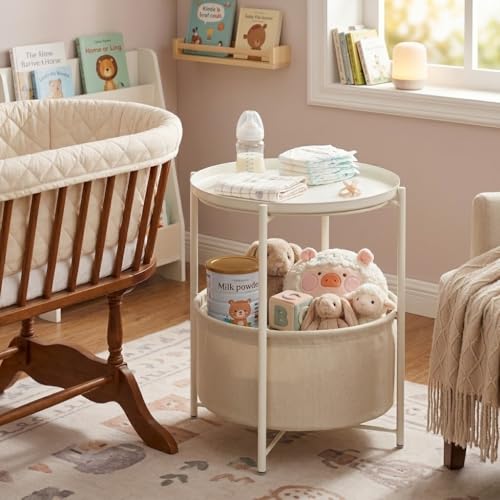 danpinera Round Side Table with Fabric Storage Basket, Metal Side Table Small Bedside Nightstand with Removable Tray Top for Living Room, Bedroom, Nursery, Laundry, White - color: White