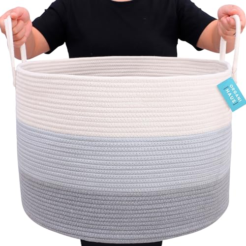 OrganiHaus Large Woven Storage Basket for Blankets and Toys 20" x 13" Inch, Rope Laundry Basket with Handles, Cushions & Pillows Storage Bin, Nursery Hamper, Soft Round Dog Toy Bin - Gray - color: 3-toned Gray, size: Wide