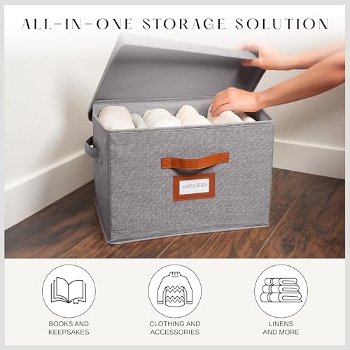 3 Pack Large Fabric Storage Boxes with Lids (15.75" x 11.25" x 11.25") - Decorative Bin with Lid, Label Holder, Faux Leather Handles - Large Storage Boxes for Organizing Clothes, Blankets - Grey - color: Steel Grey