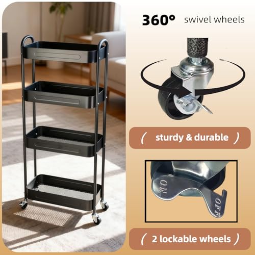 4 Tier Slim Storage Cart with Wheels for Laundry Room Between Washer and Dryer, 7.1'' Narrow Rolling Cart with Wheels and Lockable Casters, Metal Thin Standing Shelf for Small Space, Black - color: Black, size: 4 tier