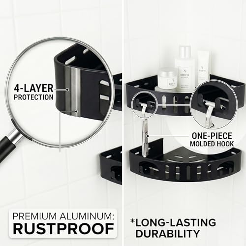 Adhesive Corner Shower Shelf No Drill | Rust-Proof Aluminum Alloy Stick On Bathroom Organizer with Shaving Holder for Shampoo, Conditioner, Soap, Razors Black 3Pack - color: Black 3 Layers, size: 3 Layers